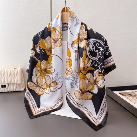 Grande Sciarpa Quadrata Raso Raso Floreale Elegante Vintage Leggero Scialle Da Donna Accessorio Moda
