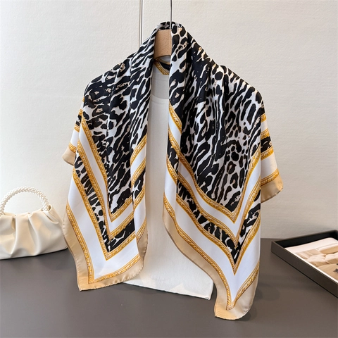 Leopard Print Square Scarf Satin Like Satin Golden Chain Border Elegant Fashion Neck Wrap For Women
