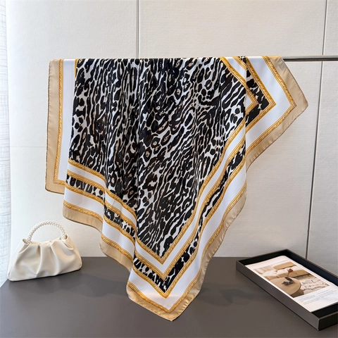 Leopard Print Square Scarf Satin Like Satin Golden Chain Border Elegant Fashion Neck Wrap For Women