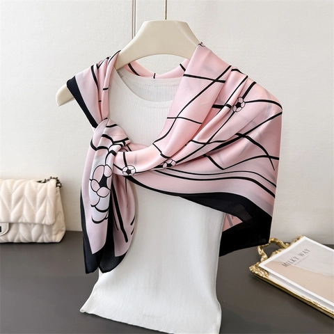 Elegant Floral Print Satin Square Scarf French Style Camellia Geometric Grid Pattern Neck Wrap For Women