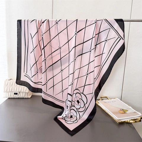 Elegant Floral Print Satin Square Scarf French Style Camellia Geometric Grid Pattern Neck Wrap For Women