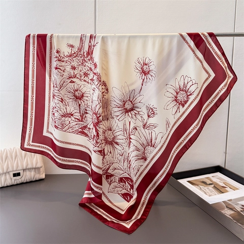 Women Square Scarf Satin Satin Like Daisy Floral Print Large Vintage Elegant Neck Scarf Head Wrap