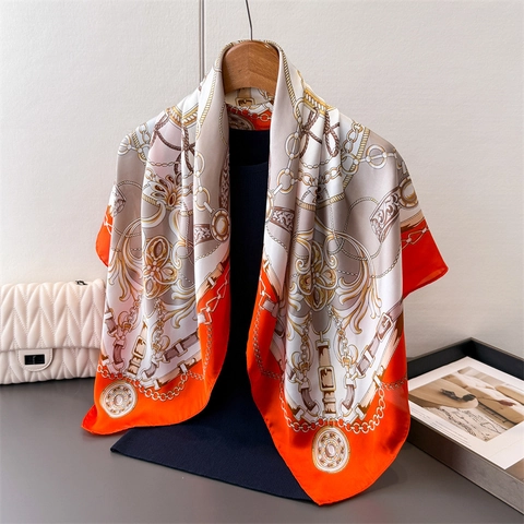 Luxury Satin Square Scarf Vintage Chain Belt Print Silk Like Foulard Elegant Head Wrap Neck Scarf For Women Office Party