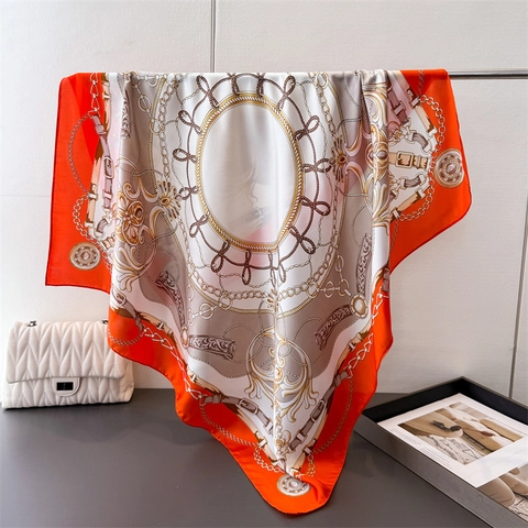 Luxury Satin Square Scarf Vintage Chain Belt Print Silk Like Foulard Elegant Head Wrap Neck Scarf For Women Office Party