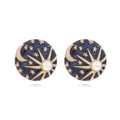 Celestial Sun Moon Star Stud Earrings Enamel Blue Rhinestone Faux Artificial Pearl Alloy Stainless Steel Earring Post For Women