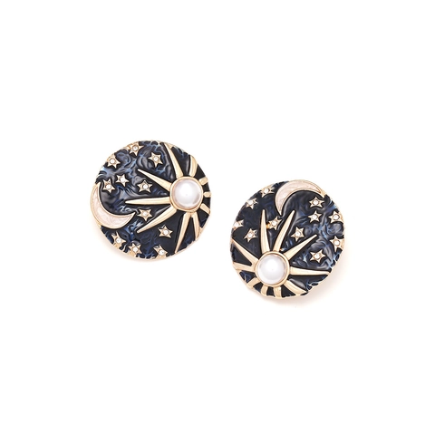 Celestial Sun Moon Star Stud Earrings Enamel Blue Rhinestone Faux Artificial Pearl Alloy Stainless Steel Earring Post For Women