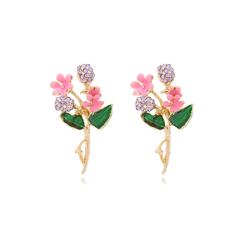 Orecchini Pendenti Con Fiori In Smalto Rosa Con Lega Di Zinco Foglie Verdi Strass Viola Gioielli Floreali Per Donna