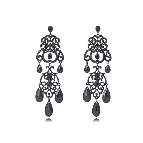 Retro Baroque Black Dangle Earrings Zinc Alloy Lacquer Water Drop Rhinestone Hollow Out Gothic Jewelry Women