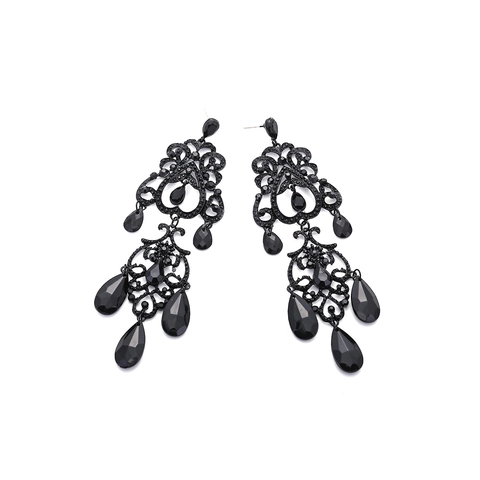 Retro Baroque Black Dangle Earrings Zinc Alloy Lacquer Water Drop Rhinestone Hollow Out Gothic Jewelry Women