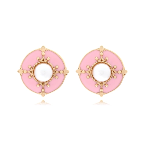 Retro Palace Style Round Button Stud Earrings Zinc Alloy Enamel And Imitation Artificial Pearl Hepburn Style For Women