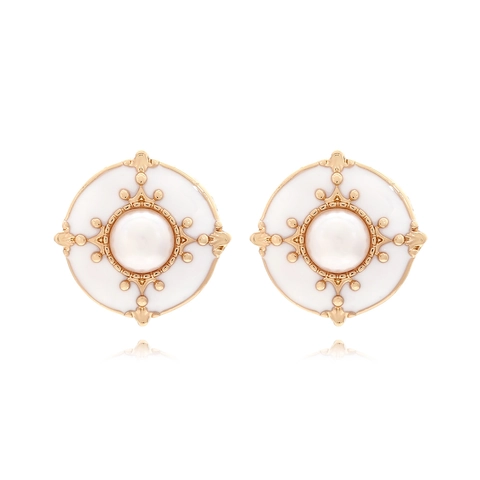 Retro Palace Style Round Button Stud Earrings Zinc Alloy Enamel And Imitation Artificial Pearl Hepburn Style For Women