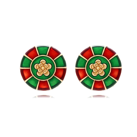 Orecchini A Bottone Rotondi Fiore Camelia Vintage Quadri Smalto Lega Zinco Gioielli Eleganti Donna Accessorio