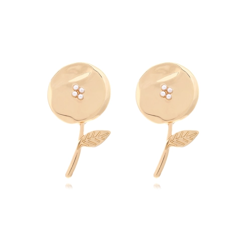 Vintage Flower Leaf Stud Earrings Zinc Alloy Hammered Gold Color With Imitation Artificial Pearl And Stainless Steel Earring Post