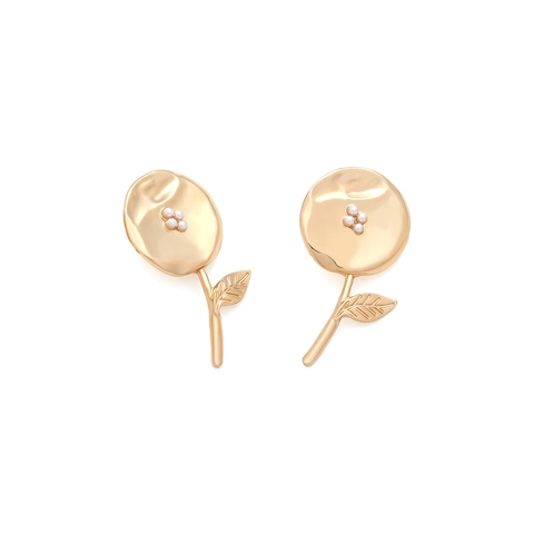 Vintage Flower Leaf Stud Earrings Zinc Alloy Hammered Gold Color With Imitation Artificial Pearl And Stainless Steel Earring Post