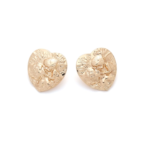 Vintage Goudkleurige Legering Hart Oorknopjes Met Kussende Engelen Reliëf Retro Cupido Ontwerp Voor Dames