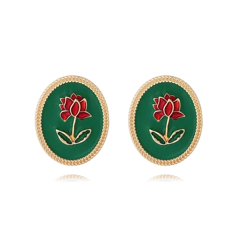Vintage Oval Stud Earrings With Stainless Steel Earring Post Enamel Rose Flower Pattern Retro French Style Jewelry
