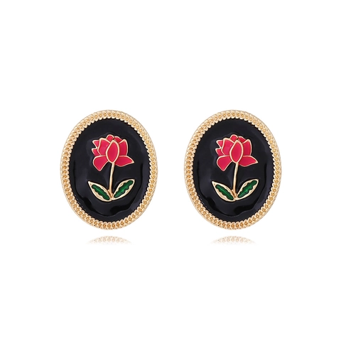 Vintage Oval Stud Earrings With Stainless Steel Earring Post Enamel Rose Flower Pattern Retro French Style Jewelry