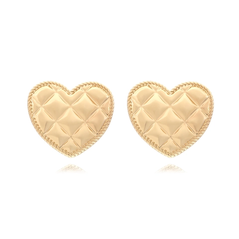 Vintage Heart Stud Earrings Gold Tone Quilted Pattern Zinc Alloy Twisted Rope Edge For Women