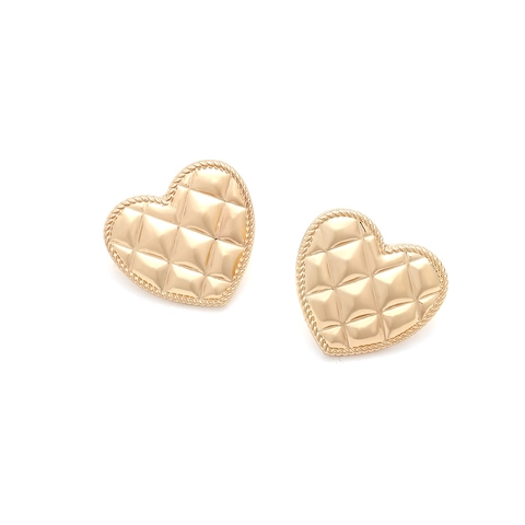 Vintage Heart Stud Earrings Gold Tone Quilted Pattern Zinc Alloy Twisted Rope Edge For Women