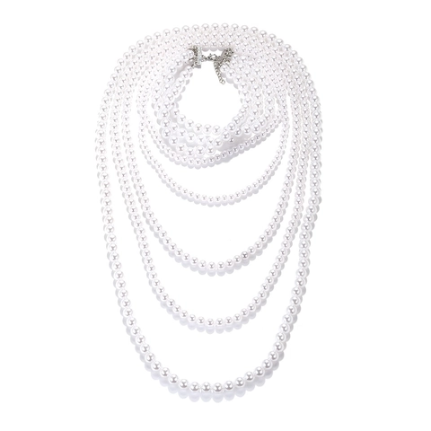 Layered Imitation Artificial Pearl Necklace Long Multi Strand Alloy Clasp Elegant Baroque Sweater Chain For Women Evening Party