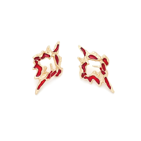 Unregelmäßige Lava Ohrstecker Zinklegierung Rote Emaille Textur Geometrisches Falten Design Vintage Abstrakter Stil Damen