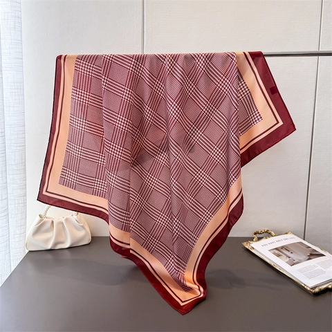 Elegante Foulard Quadrato Da Donna Motivo Pied-De-Poule Poliestere Sensazione Raso Sciarpa Stampata Moda Scialle Collo
