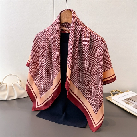 Elegante Foulard Quadrato Da Donna Motivo Pied-De-Poule Poliestere Sensazione Raso Sciarpa Stampata Moda Scialle Collo