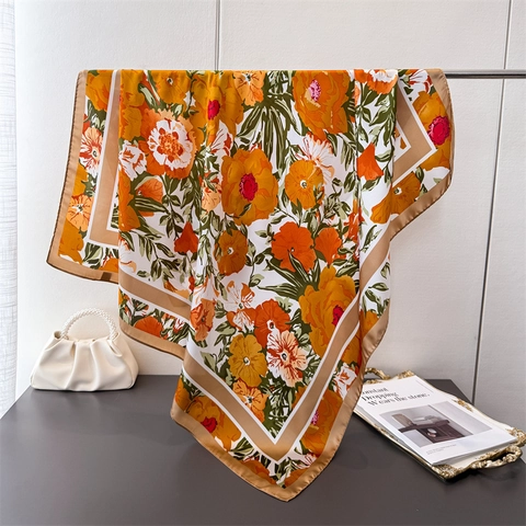 Sciarpa Quadrata Grande Imitazione Raso Poliestere Satin Stampa Floreale Scialle Foulard Testa Elegante Vintage Donna