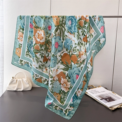 Sciarpa Quadrata Grande Imitazione Raso Poliestere Satin Stampa Floreale Scialle Foulard Testa Elegante Vintage Donna