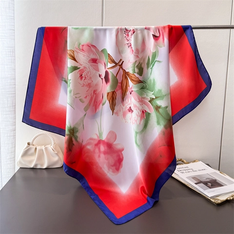 Elegant Floral Print Square Scarf Satin Satin Like Polyester Shawl For Women Head Neck Hair Wrap Lightweight Fashion Wrap