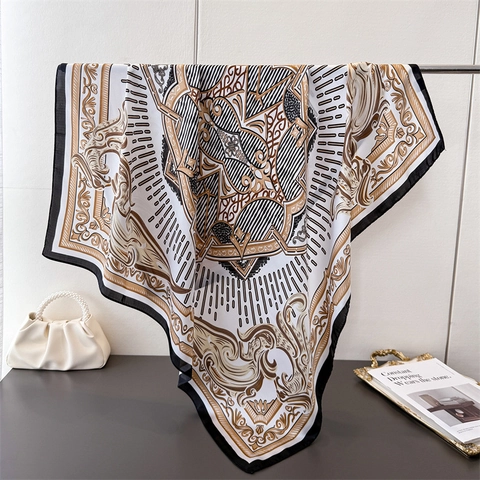 Women Large Square Scarf Elegant Faux Satin Satin Baroque Floral Print Retro Luxury Headscarf Fashion Shawl