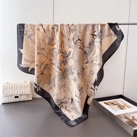 Eleganter Satin Schal Mit Blumendruck Großer Quadratischer Satinnimitat Schal Für Damen Skizze Blumenmuster Halstuch