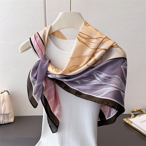 Foulard Carré Élégant Pour Femmes Imprimé Floral Tulipe Feuille Satin De Polyester Châle Polyvalent