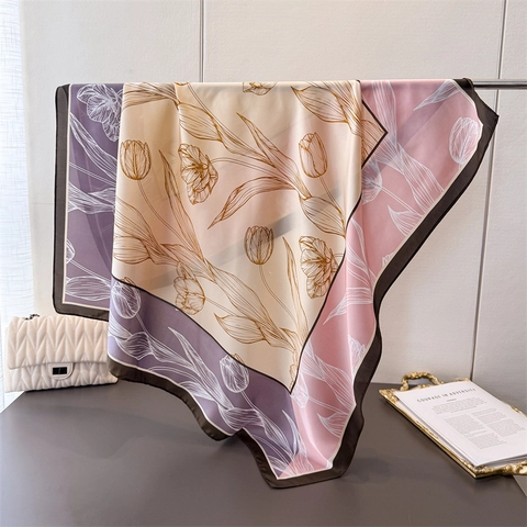 Foulard Carré Élégant Pour Femmes Imprimé Floral Tulipe Feuille Satin De Polyester Châle Polyvalent