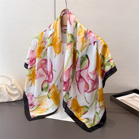 Foulard Quadrato Da Donna Satén Raso Artificiale Stampa Floreale Bandana Sciarpa Elegante Scialle Decorativo