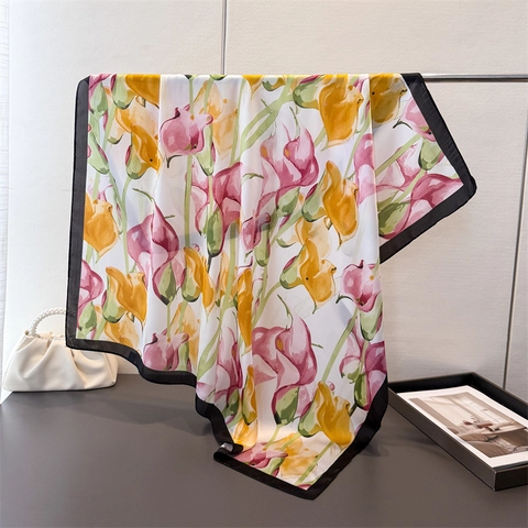 Foulard Quadrato Da Donna Satén Raso Artificiale Stampa Floreale Bandana Sciarpa Elegante Scialle Decorativo