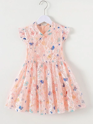 Mädchen Schmetterling Print Spitze Kleid Chinesischer Stehkragen Flügelärmel Sommer Prinzessin Kleidung Kleinkinder