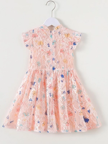 Mädchen Schmetterling Print Spitze Kleid Chinesischer Stehkragen Flügelärmel Sommer Prinzessin Kleidung Kleinkinder