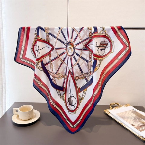 Foulard Carré Imprimé Calèche Vintage Rétro Français Motif Boucle De Ceinture Polyester Sensation Satin Femme