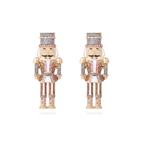 Cute Nutcracker Soldier Drop Earrings Zinc Alloy Rhinestone Enamel Christmas Party Jewelry For Women Gold Pink multicolor