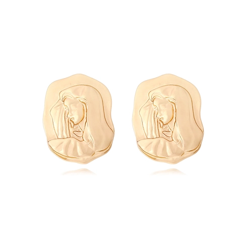 Vintage Portrait Relief Coin Stud Earrings Gold Tone Zinc Alloy Irregular Organic Carved Cameo Jewelry For Women