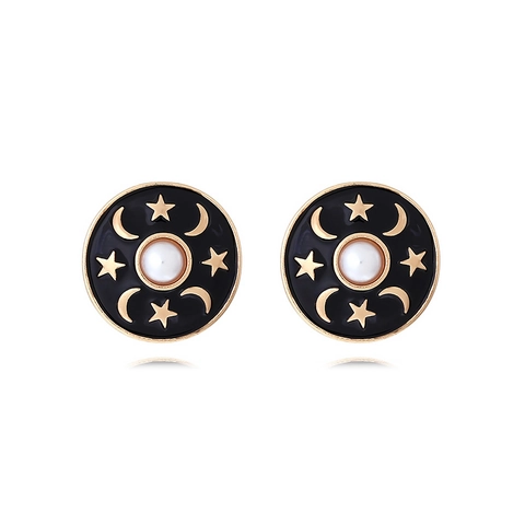 Vintage Round Stud Earrings Zinc Alloy Enamel Star Moon Design Imitation Artificial Pearl Stainless Steel Earring Post For Women