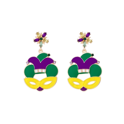 Mardi Gras Carnival Mask Jester Hat Dangle Earrings Enamel Rhinestone Faux Pearl Zinc Alloy Stainless Steel Post Jewelry