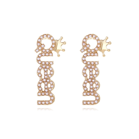 Queen Letter Dangle Earrings With Crown Alloy Inlaid Faux Artificial Pearl Rhinestone Luxury Elegant Jewelry For Women