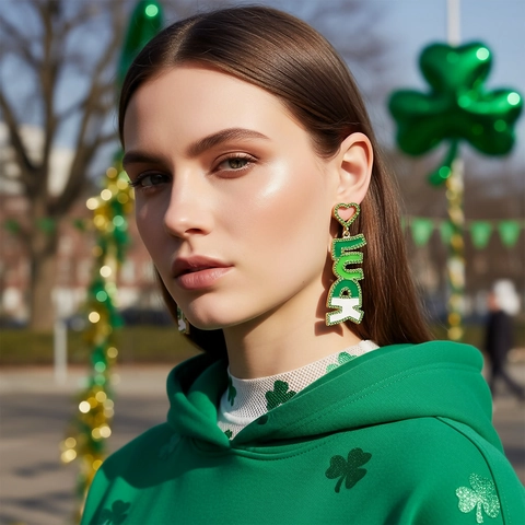 Ohrhänger Herz Luck Buchstabe Grün Emaille Strass Zinklegierung Edelstahl Ohrstecker St Patrick Day Schmuck