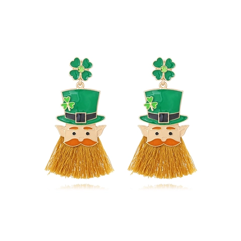 St Patricks Day Leprechaun Tassel Earrings Alloy Enamel Rhinestone Shamrock Clover Stainless Steel Post Irish Festive