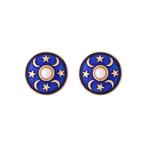 Vintage Round Stud Earrings Zinc Alloy Enamel Star Moon Design Imitation Artificial Pearl Stainless Steel Earring Post For Women