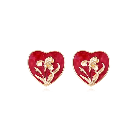 Elegant Heart Stud Earrings With Stainless Steel Earring Post Retro Enamel Iris Flower Alloy Jewelry Gift For Women