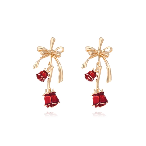 Rose Flower Bow Knot Drop Earrings Red Enamel Alloy With Stainless Steel Earring Post Long Dangle French Retro Elegant