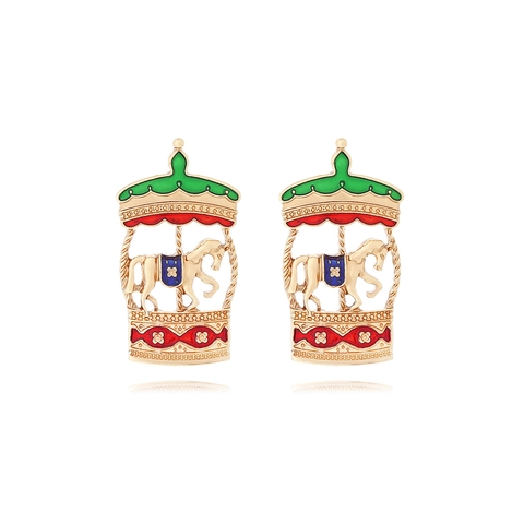 Carousel Dangle Earrings Zinc Alloy Enamel Drip Oil Colorful Novelty Fairy Tale Fashion Jewelry For Women Girls